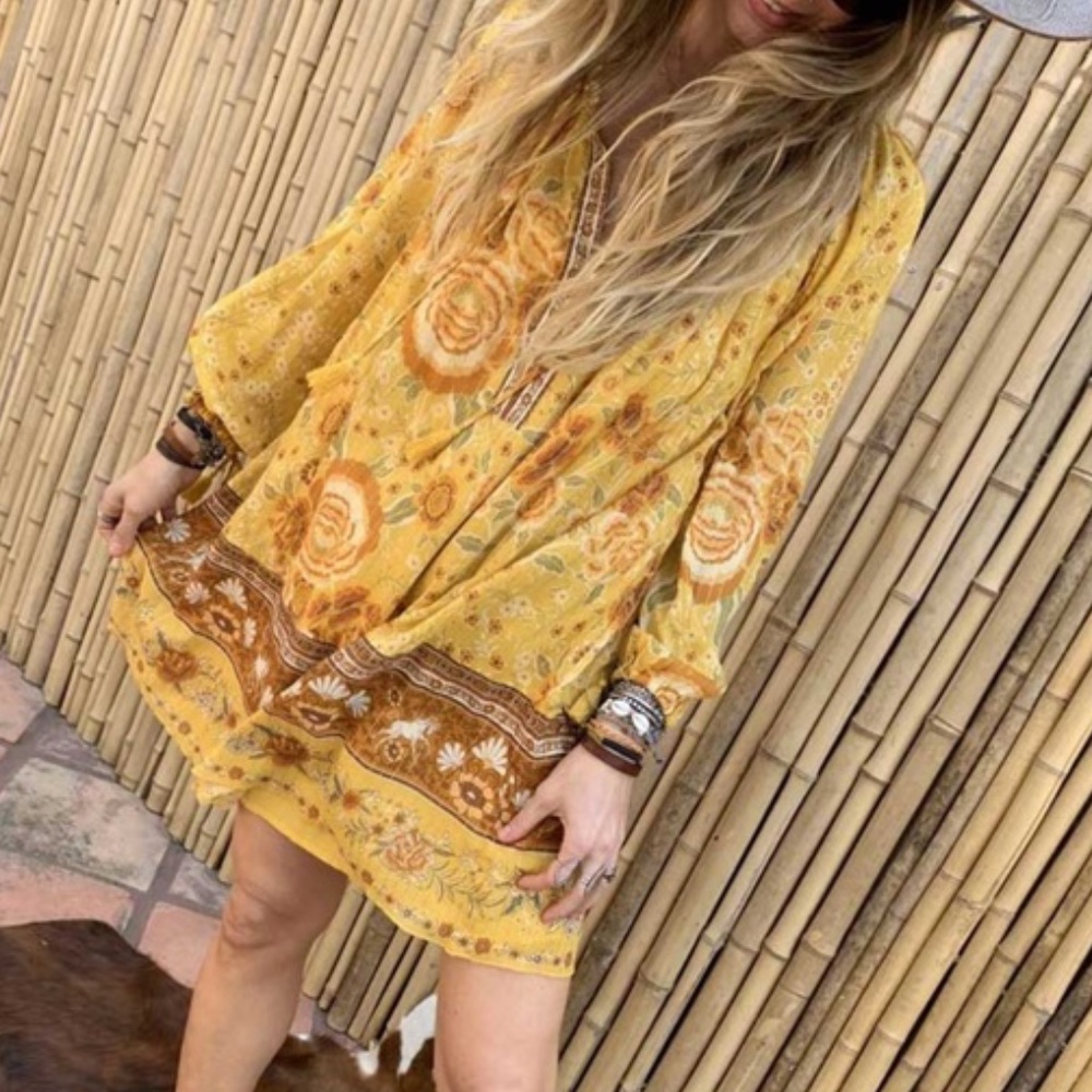 Boho mustard floral v neck sunflower midi Dress